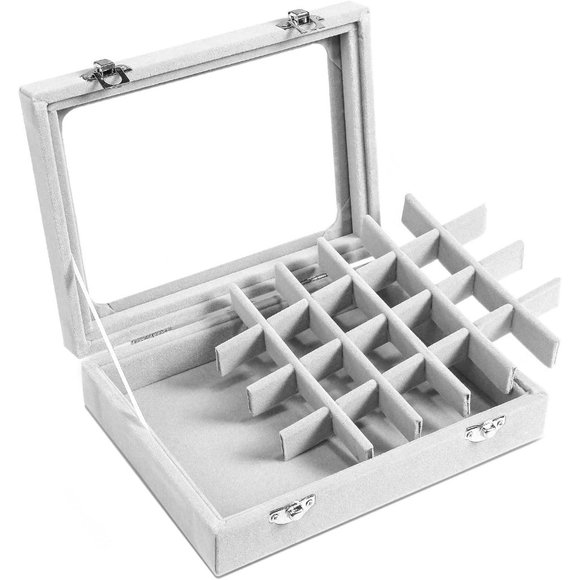 24 Grey Grid Velvet  Drawers Glass Clear Lid Showcase Display Storage Box - Picture 4 of 7